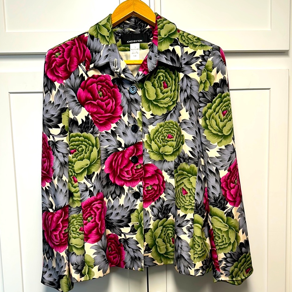 JONES NEW YORK Women’s Multi-Colored w/Collar Lined Jacket, 100% Silk, Sz 14